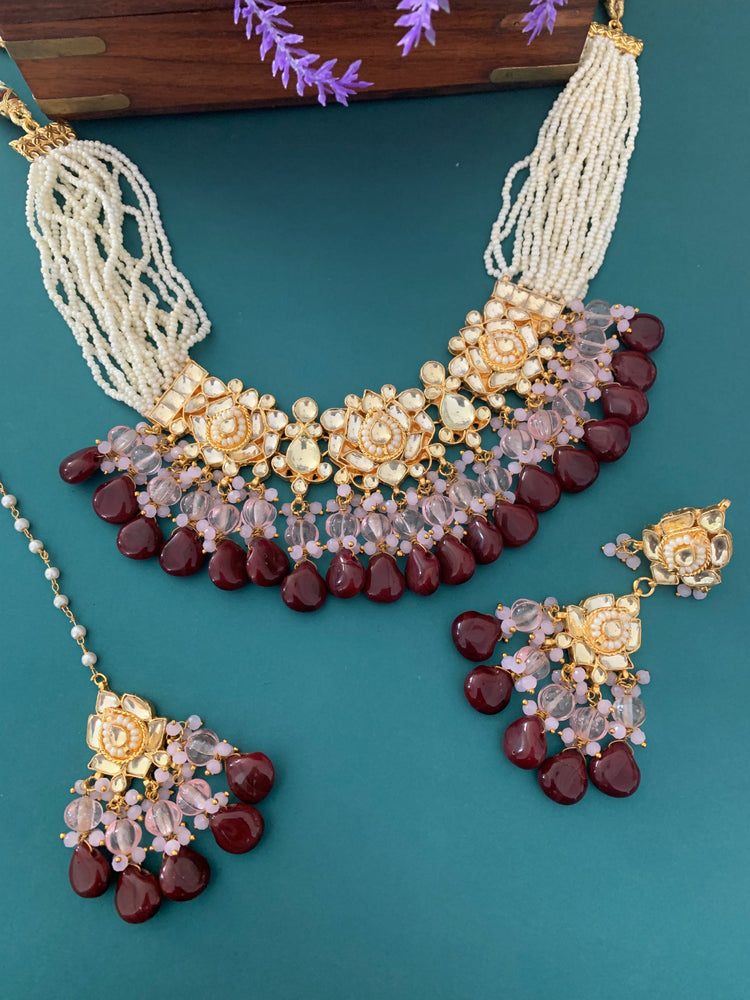 Zeda pachi kundan choker in pink and chocolate maroon