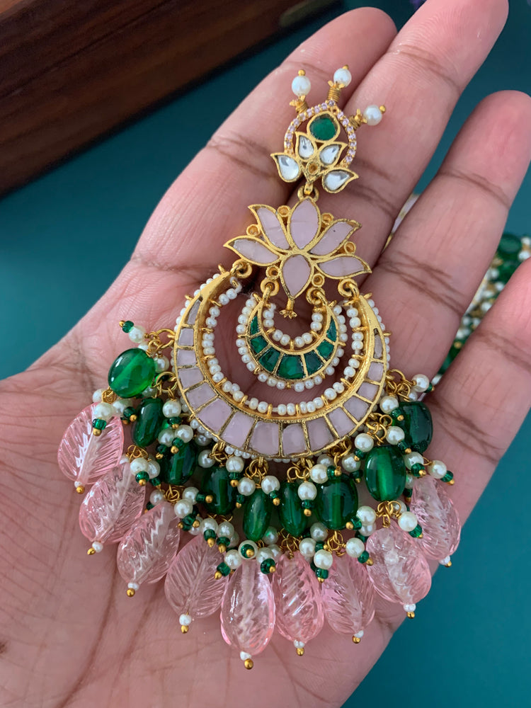 Shanti Pachi kundan earring in pastel pink and emerald green