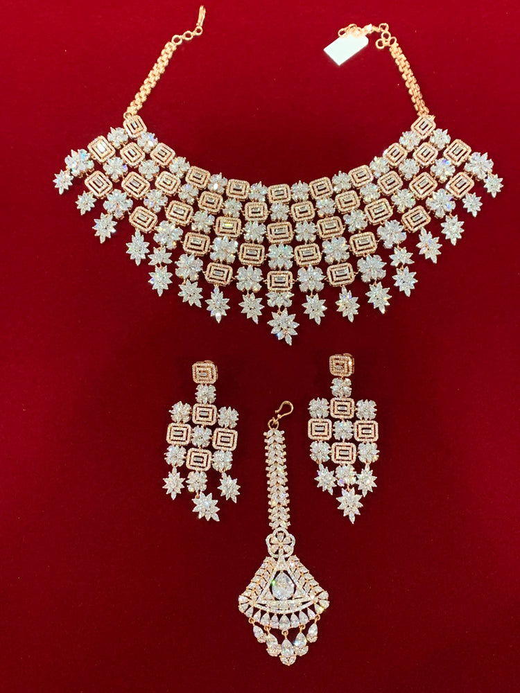 American diamond semi bridal necklace set in rose gold