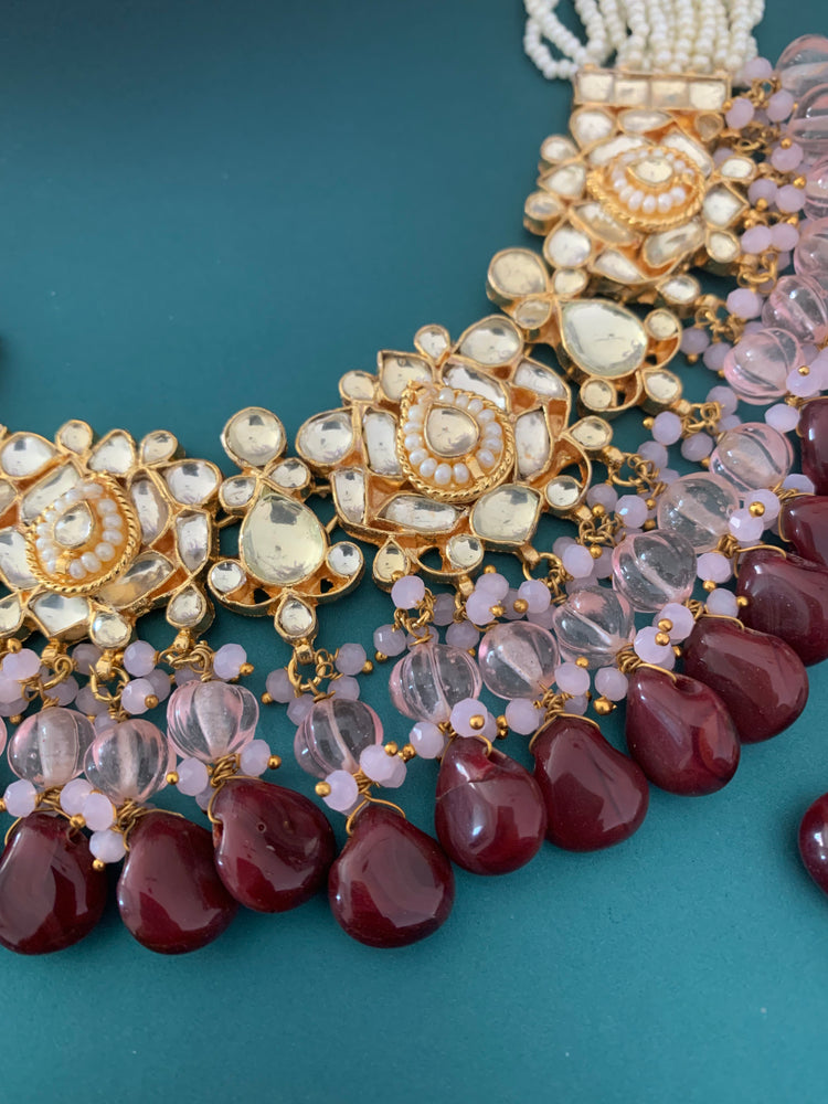 Zeda pachi kundan choker in pink and chocolate maroon