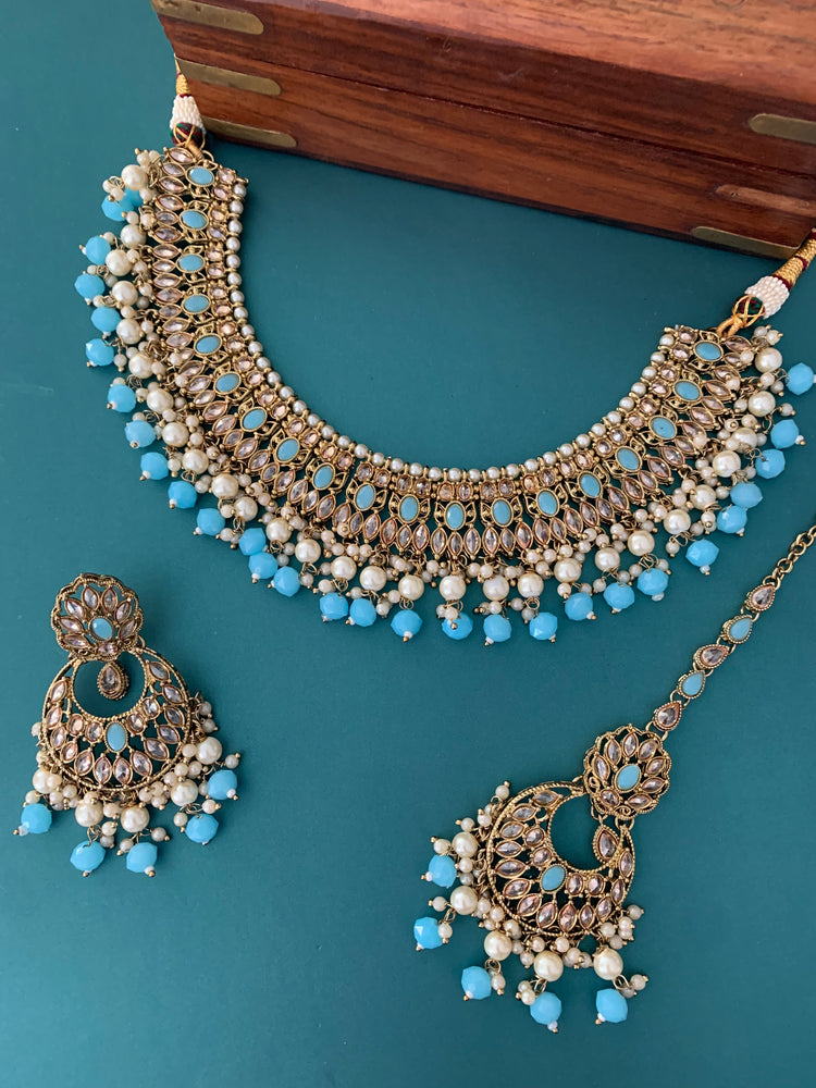 Khusboo polki necklace in phirozi blue