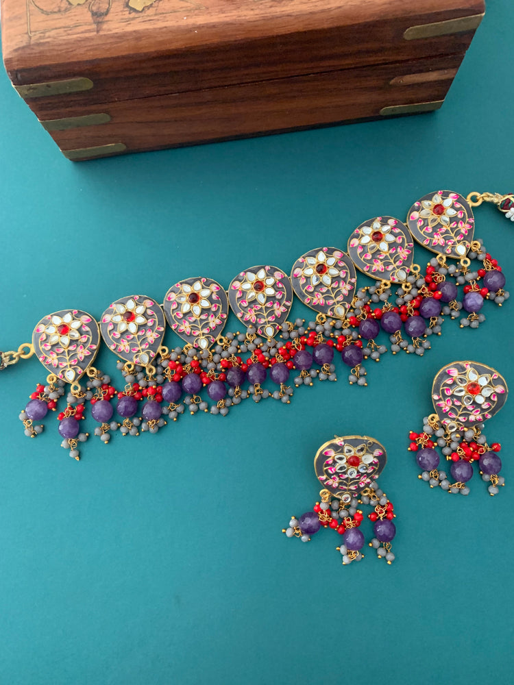 Hand painted meena choker with kundan work