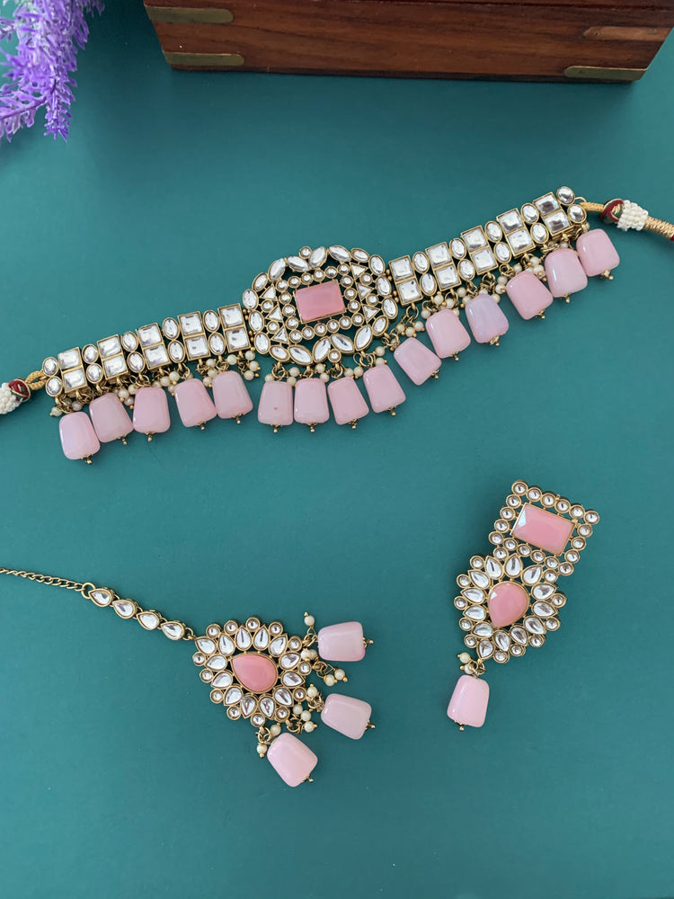 Sadiya kundan choker set in light pink