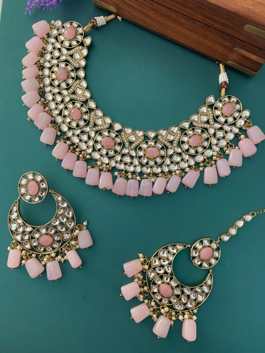 Kundan necklace set Raisa in light pink