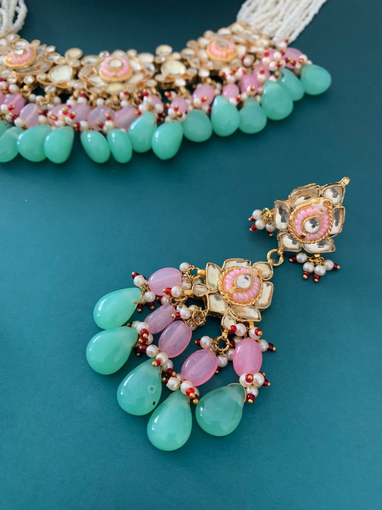 Zeda pachi kundan choker in pink and mint green maroon