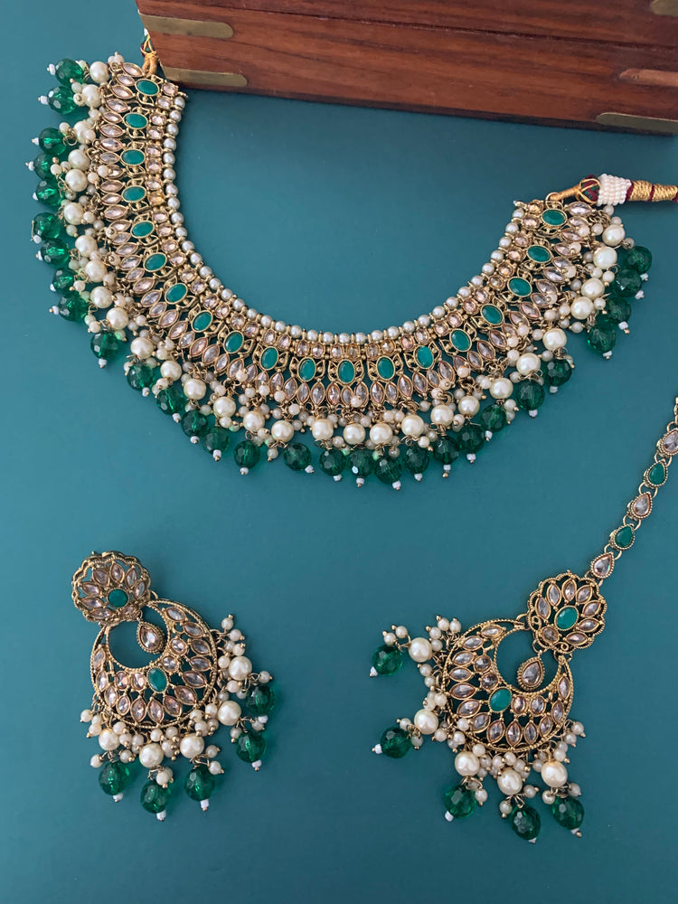 Khusboo polki necklace in teal & emerald green