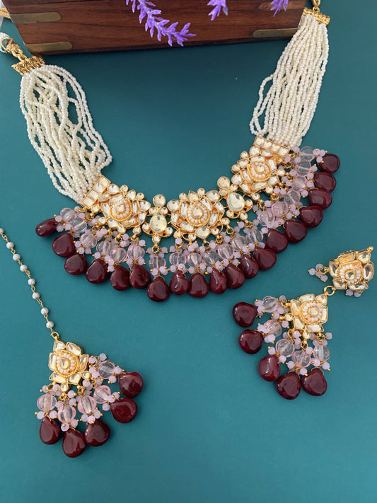 Zeda pachi kundan choker in pink and chocolate maroon