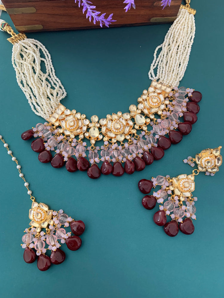 Zeda pachi kundan choker in pink and chocolate maroon