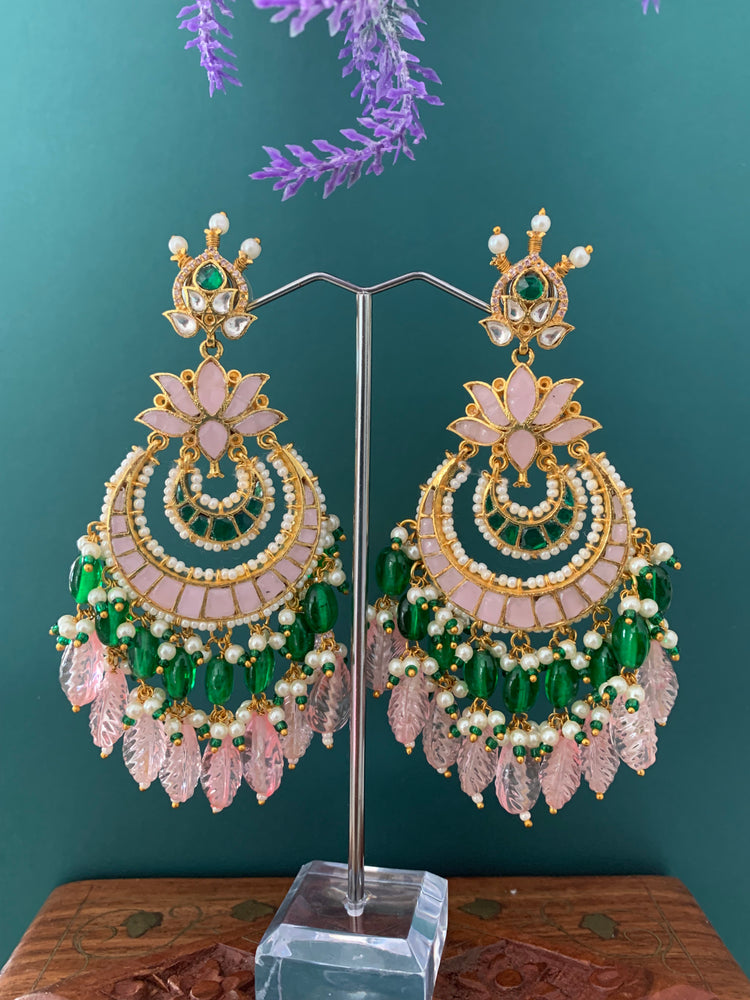 Shanti Pachi kundan earring in pastel pink and emerald green