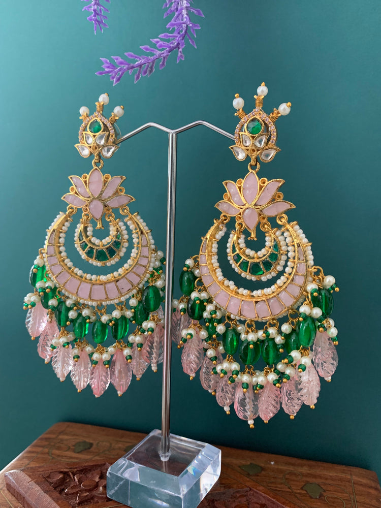 Shanti Pachi kundan earring in pastel pink and emerald green