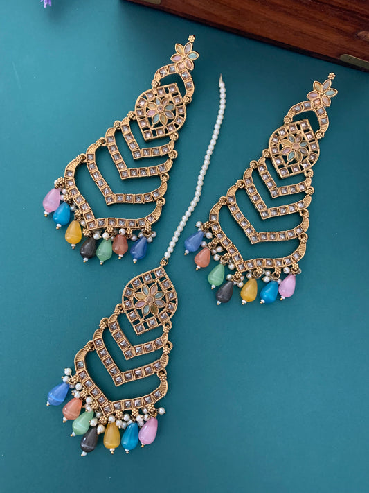 Medium to oversize polki earring tikka set