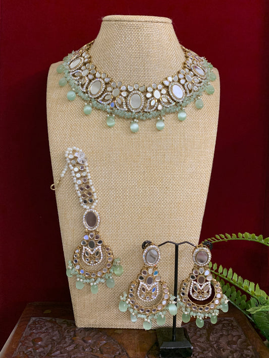 Joya Premium quality mirror necklace set with matching earring tikka