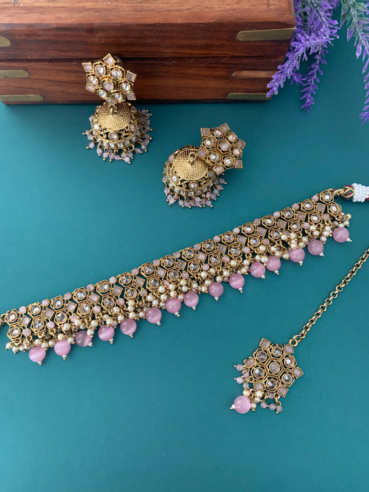 Kesariyan polki choker in light pink