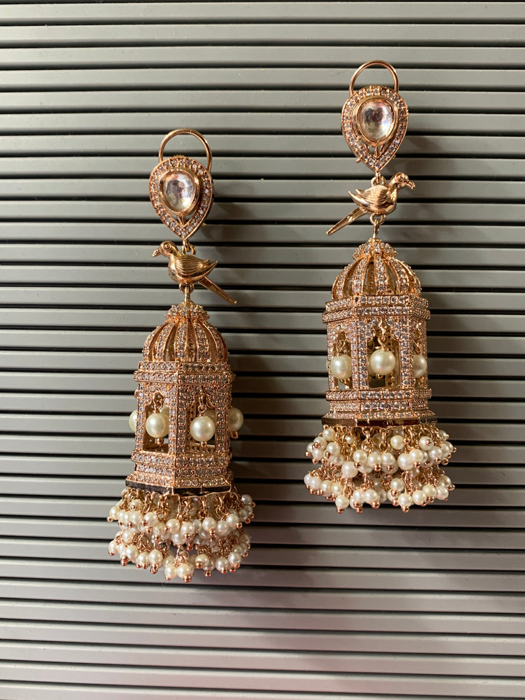 Oversize rose gold American diamond birdcage earring with kundan details