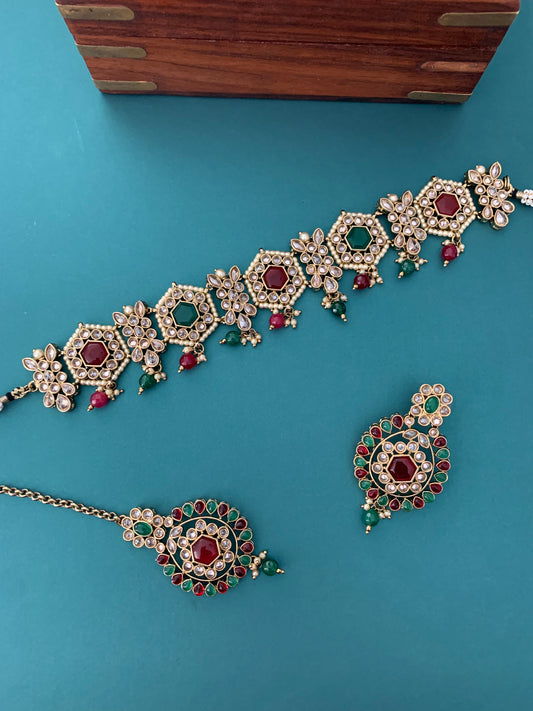 Smita polki choker in red and green multi