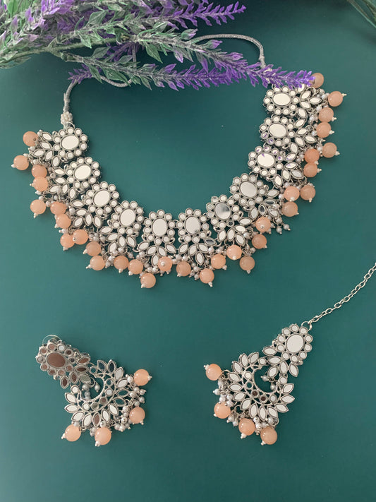 Sunaina silver mirror choker / necklace in pale peach