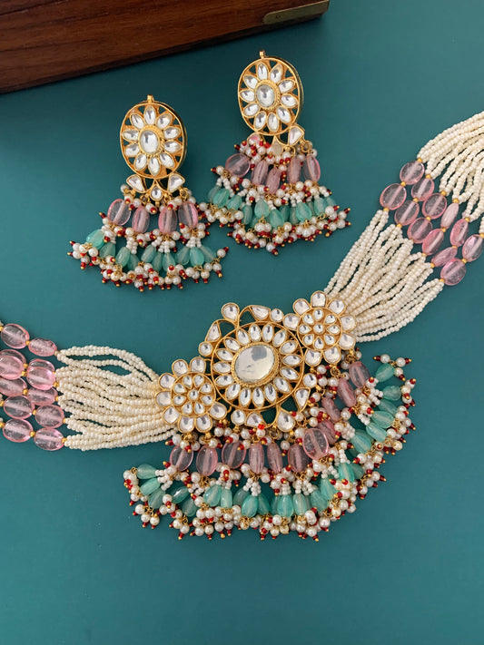 Tatiyana pachi kundan choker in pink and baby blue