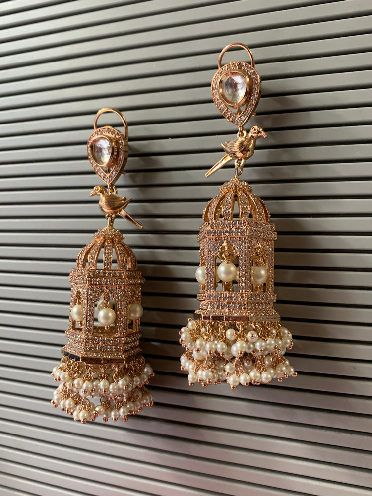 Oversize rose gold American diamond birdcage earring with kundan details