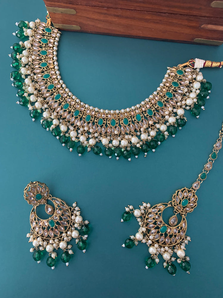 Khusboo polki necklace in teal & emerald green