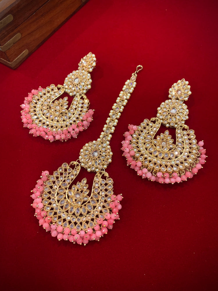 Polki chandbali style earring with matching Tikka onion pink Lola