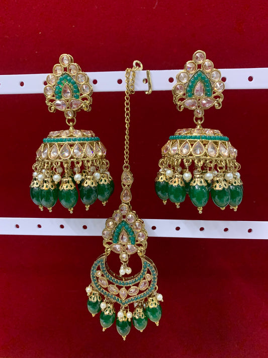 Polki jhumki tikka Emerald green