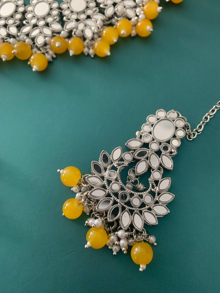 Sunaina silver mirror choker / necklace in pastel yellow