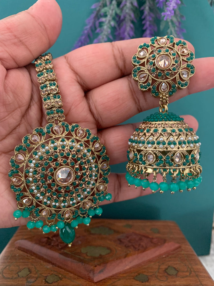 Priya jhumki earring and tikka Teal green