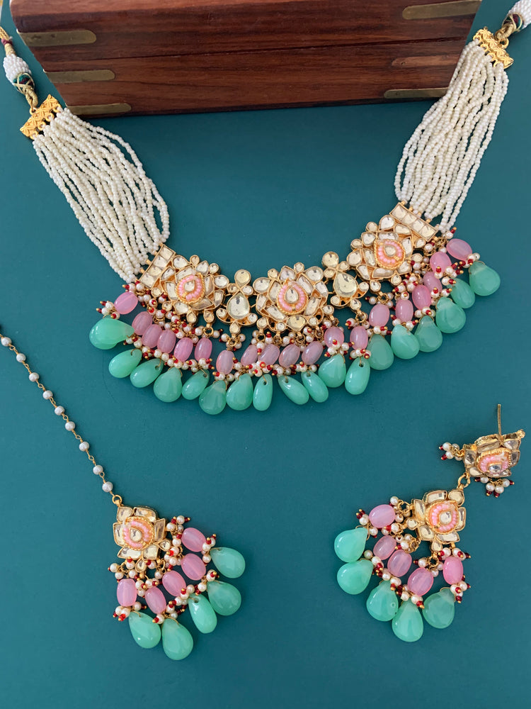 Zeda pachi kundan choker in pink and mint green maroon