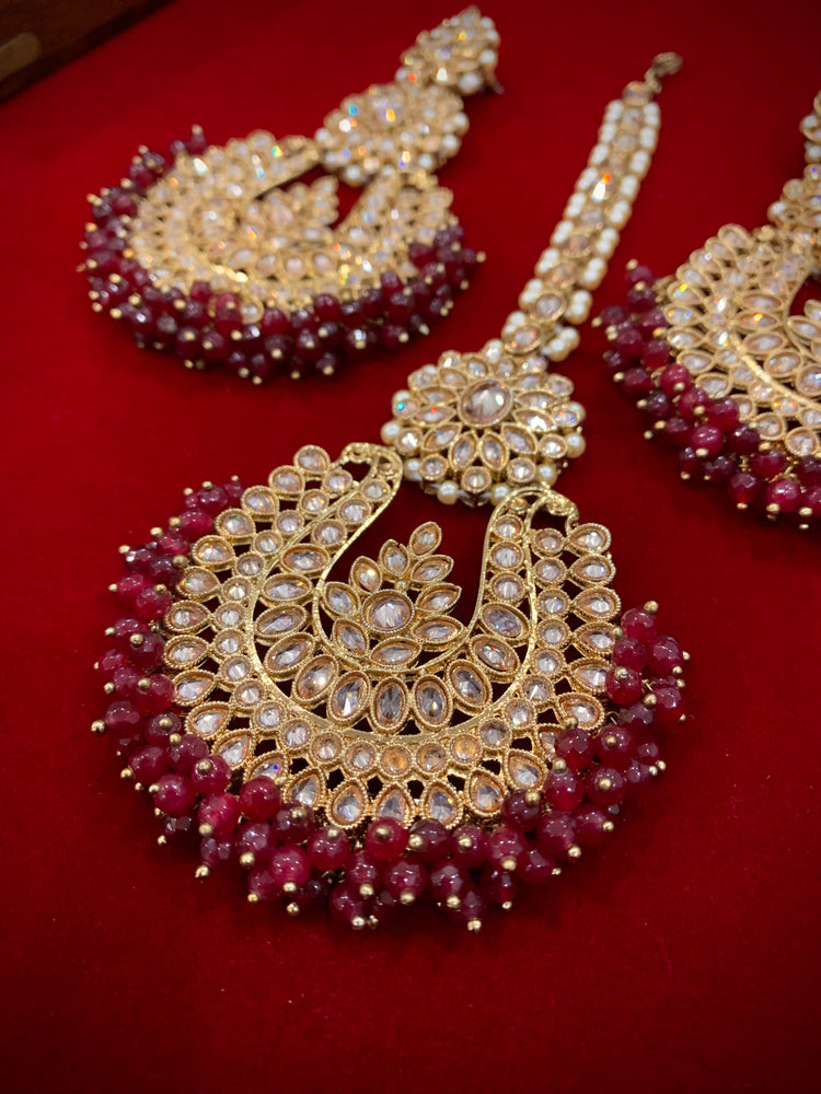 Polki chandbali style earring Tikka maroon burgundy Lola