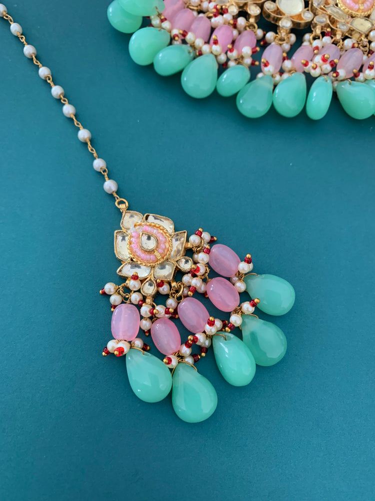 Zeda pachi kundan choker in pink and mint green maroon