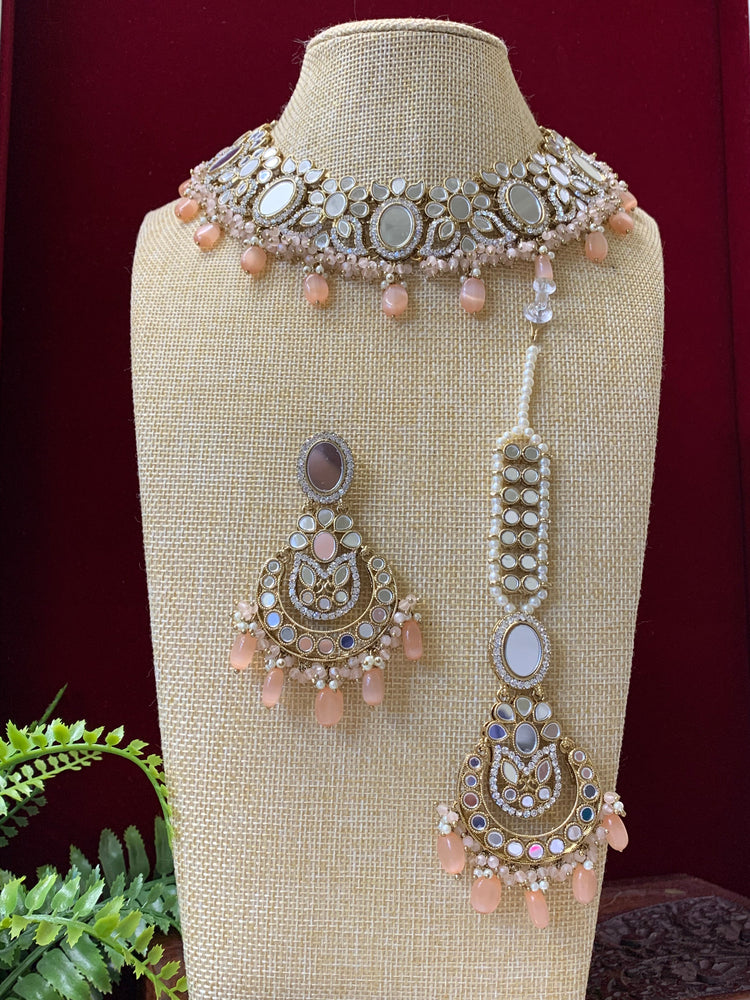 Joya Premium quality mirror necklace set with matching earring tikka