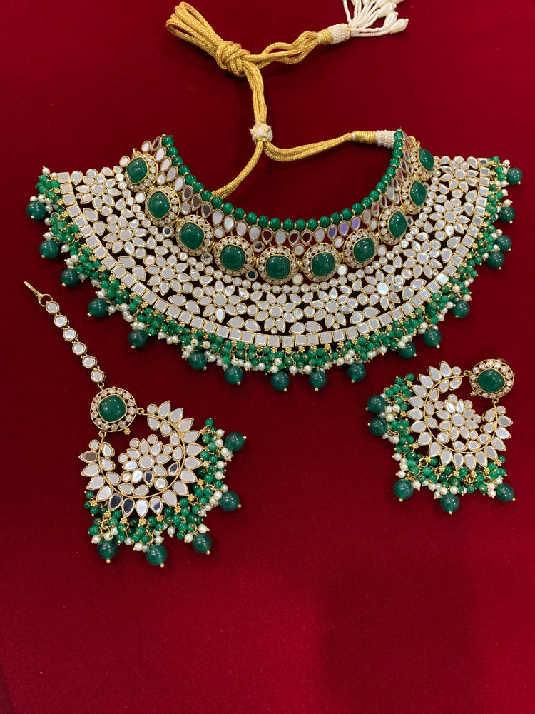 Mirror kundan semi bridal set in emerald gold