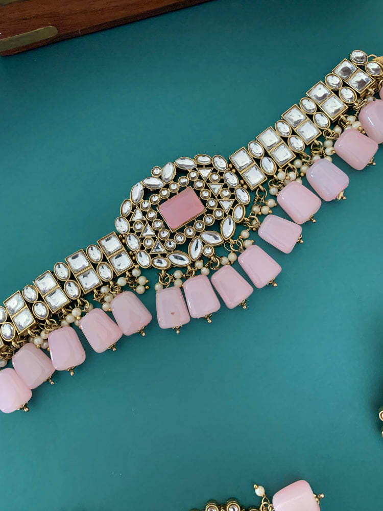 Sadiya kundan choker set in light pink