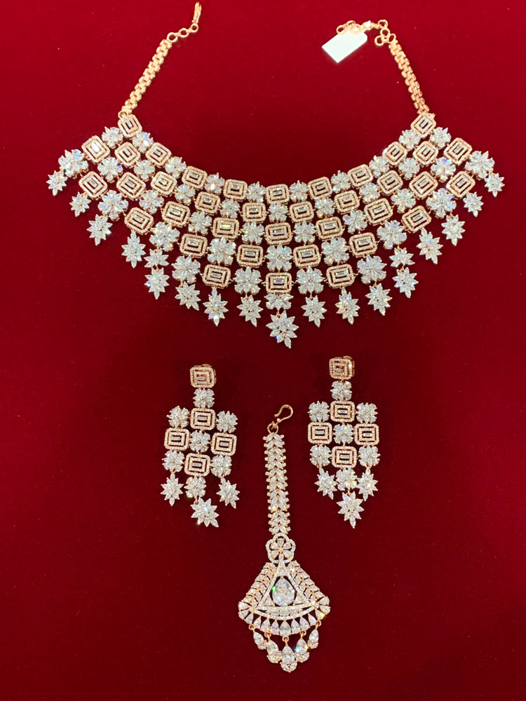 American diamond semi bridal necklace set in rose gold