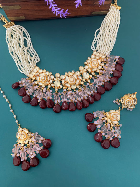 Zeda pachi kundan choker in pink and chocolate maroon