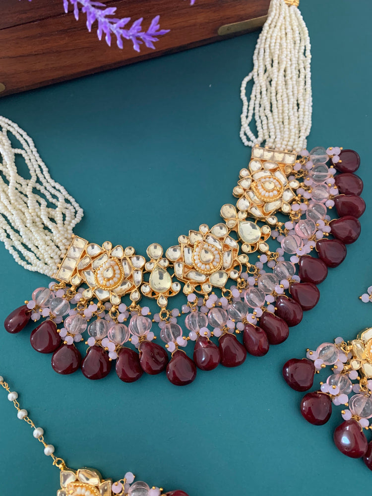 Zeda pachi kundan choker in pink and chocolate maroon