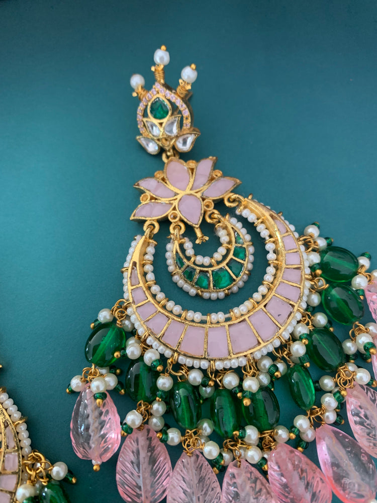 Shanti Pachi kundan earring in pastel pink and emerald green