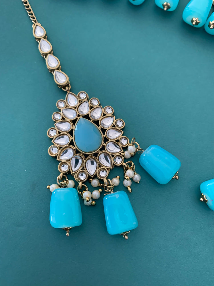 Sadiya kundan choker set in phirozi blue