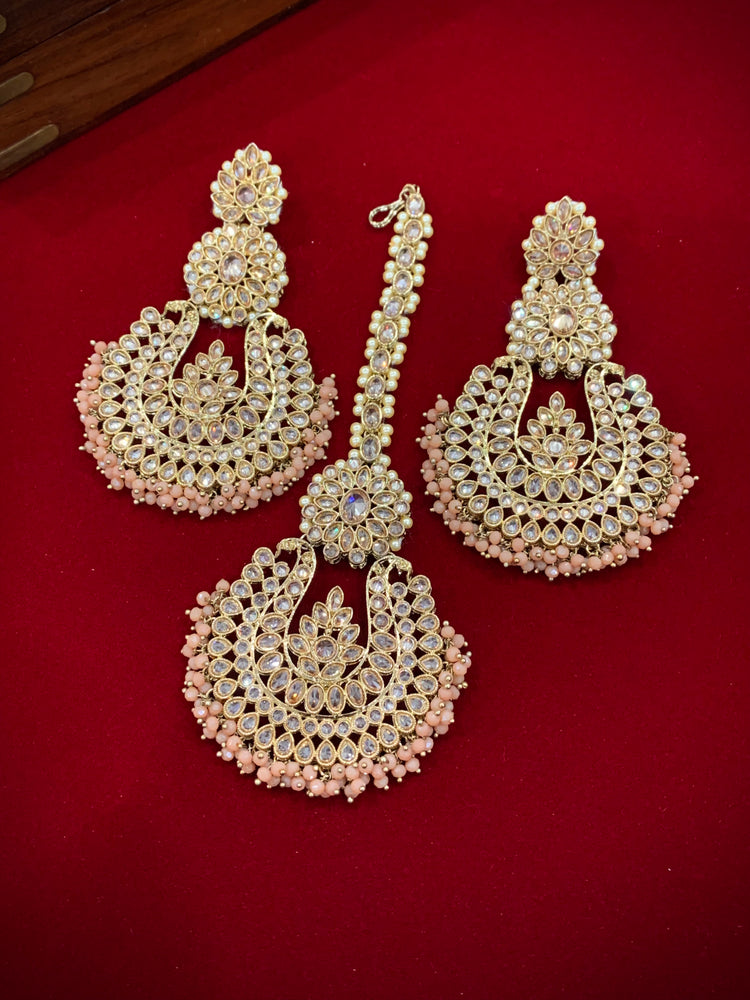 Polki chandbali style earring Tikka get nude peach Lola