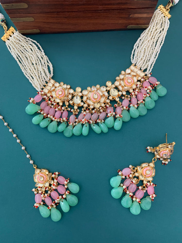 Zeda pachi kundan choker in pink and mint green maroon