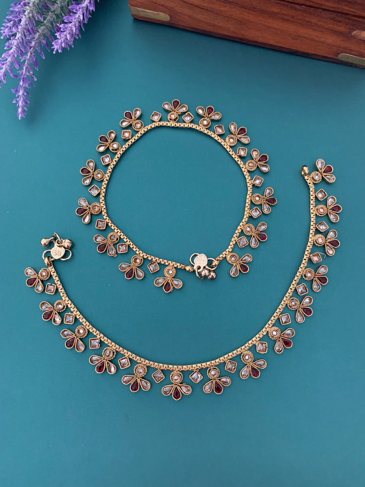 Antique polki anklet /payal with maroon detail