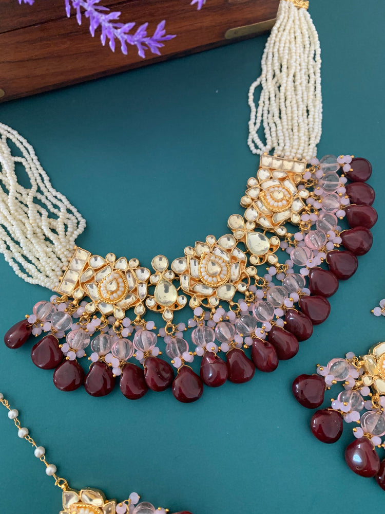 Zeda pachi kundan choker in pink and chocolate maroon