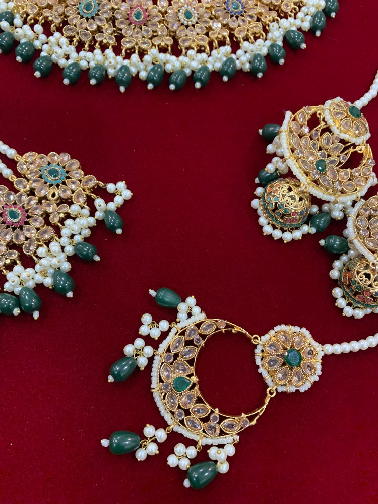 Zircone bridal set in multi details and emerald green drop