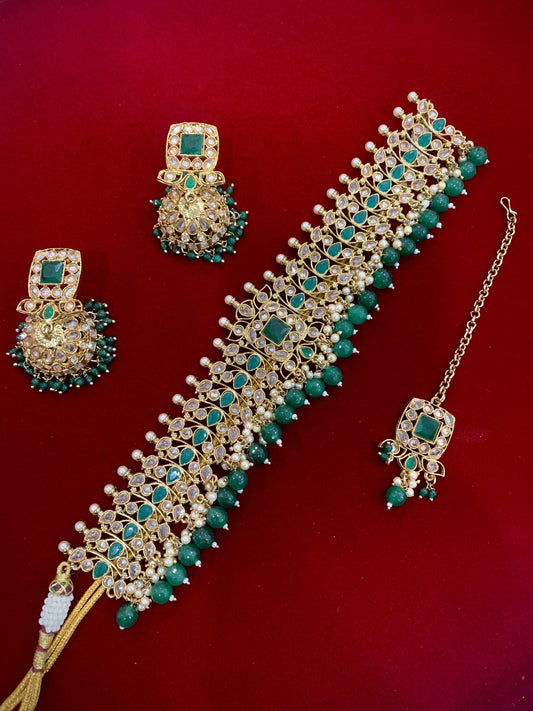 Farhana polki choker in emerald green