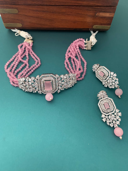 American diamond choker leela baby pink