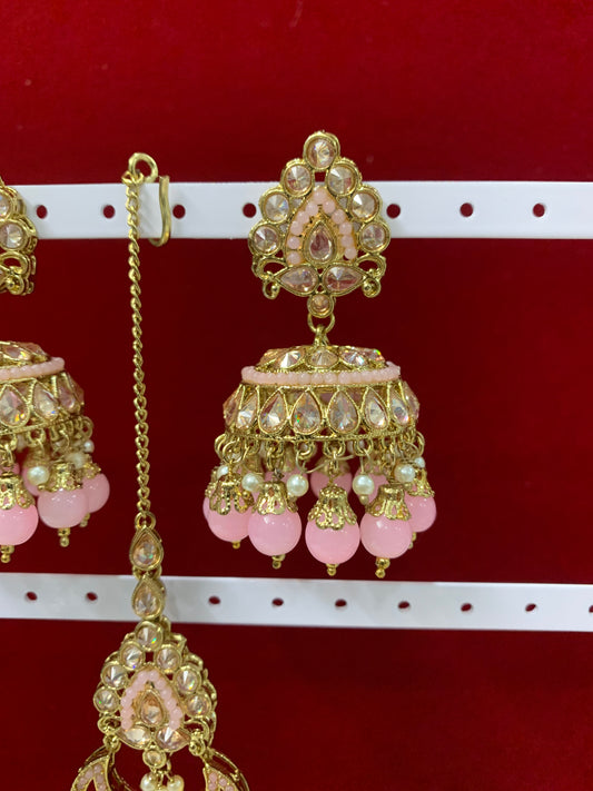 Polki jhumki tikka Pink