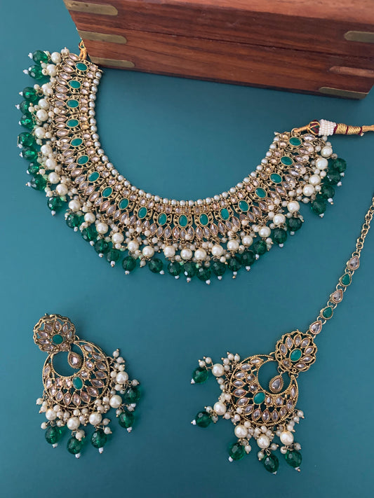 Khusboo polki necklace in teal & emerald green