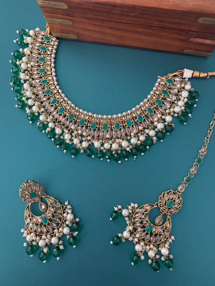 Khusboo polki necklace in teal & emerald green