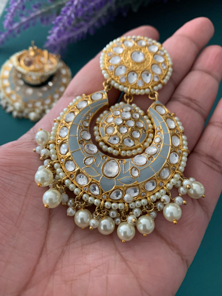 Uncut Kundan designer chandbali earring pastel grey