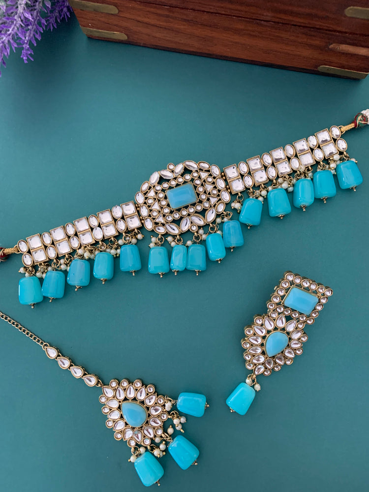 Sadiya kundan choker set in phirozi blue